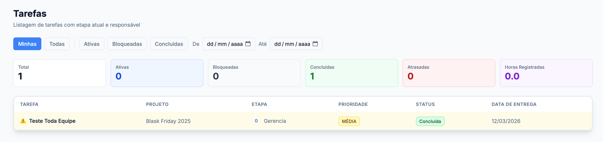 Página Minhas Tarefas.