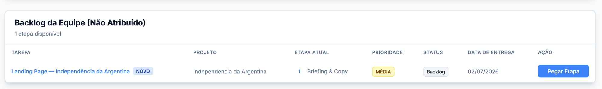 Botão Pegar Etapa no backlog.