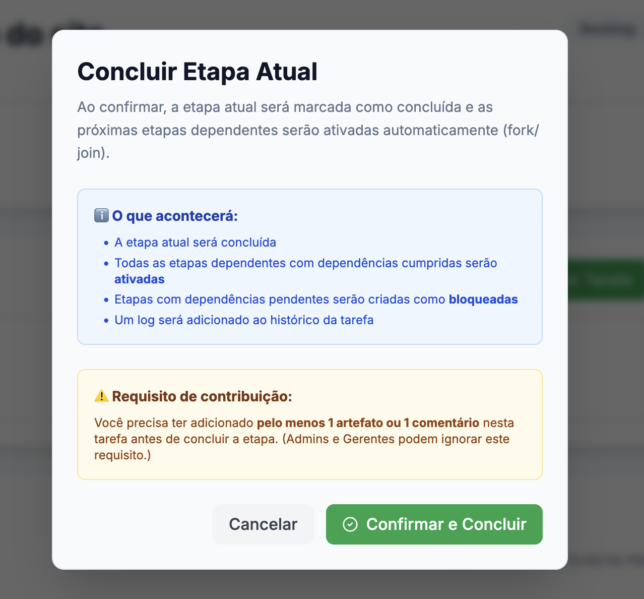 Modal de conclusão de etapa.