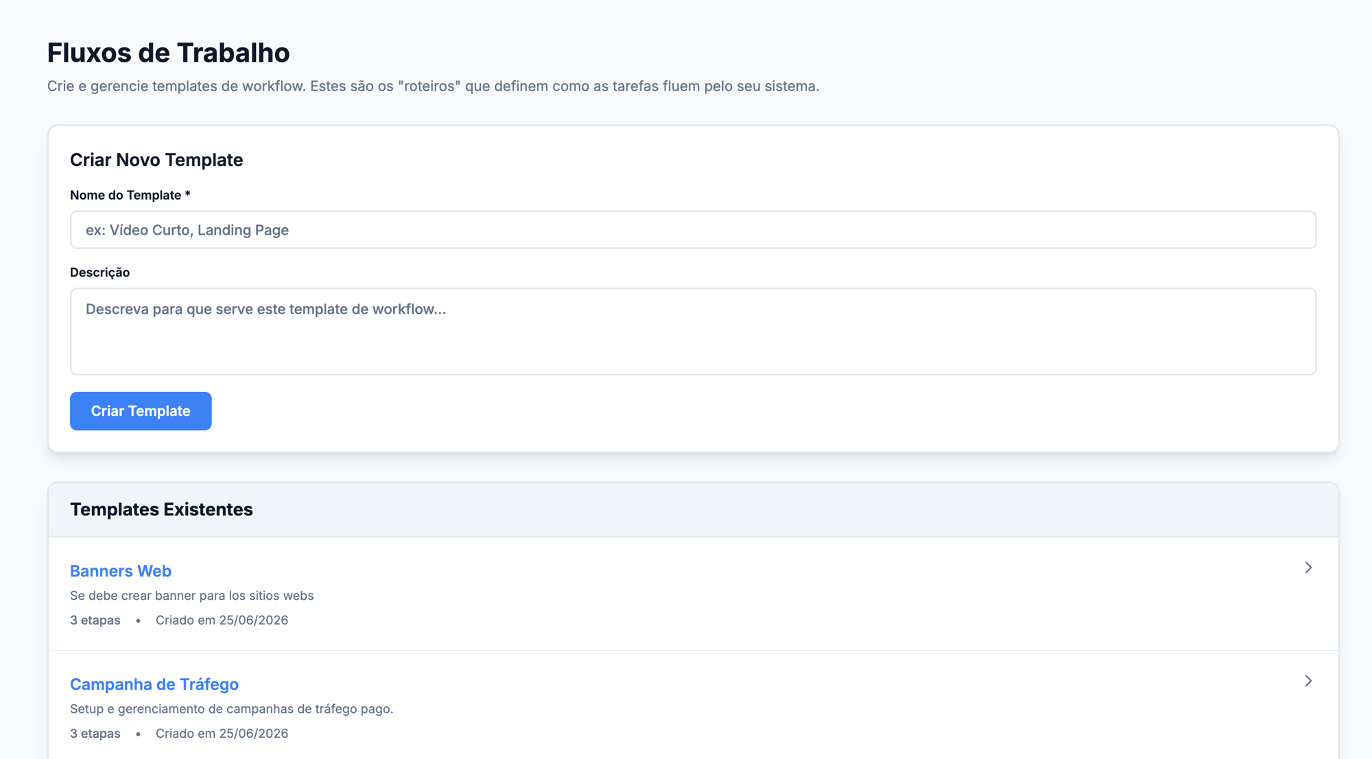 Lista de templates existentes e o card de criação.