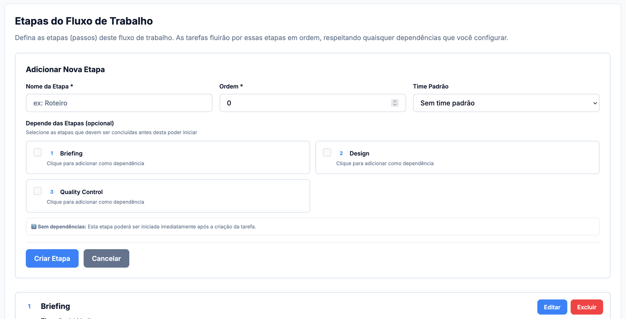 Botão de adicionar etapa.
