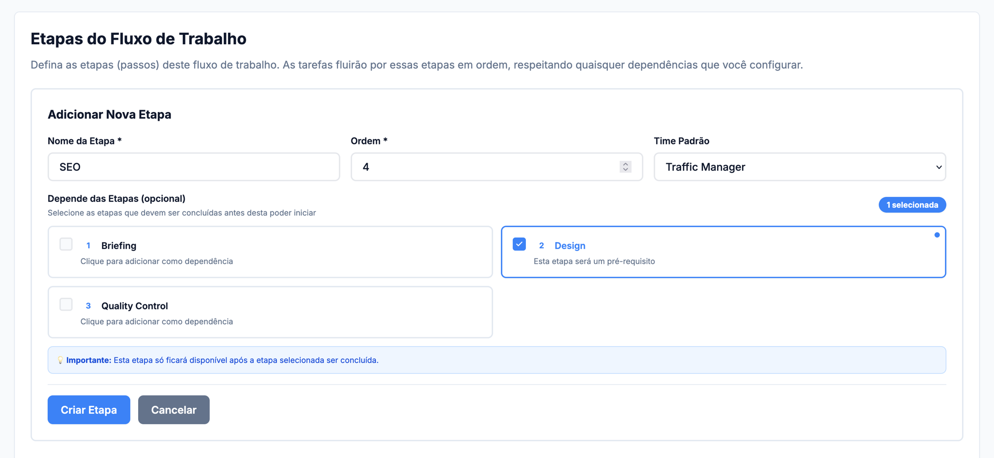 Seletor de dependências.